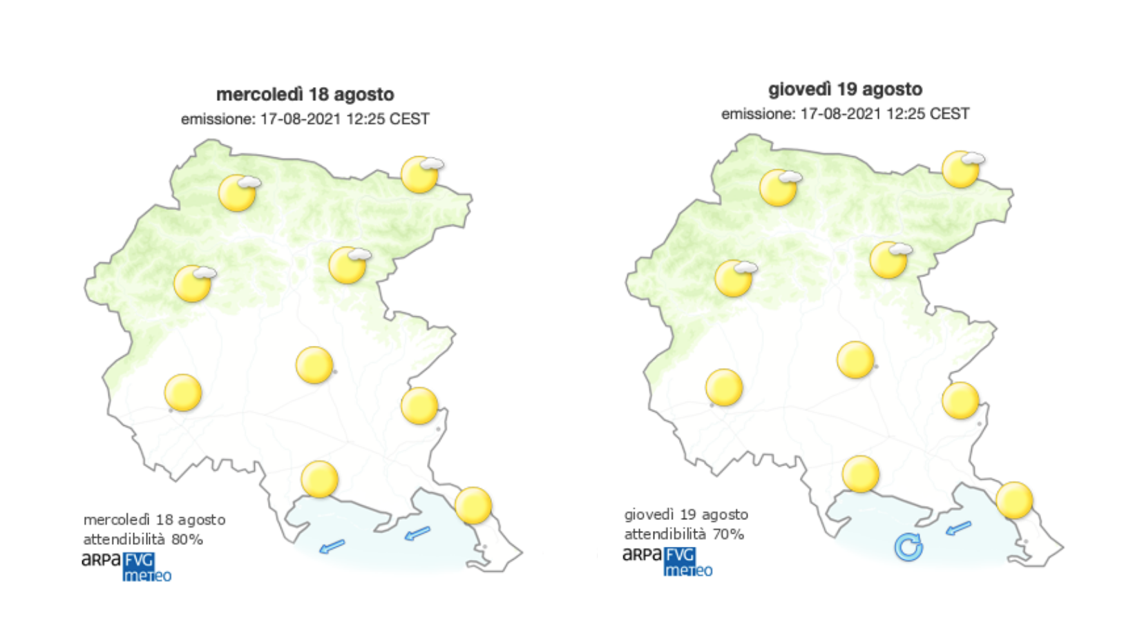 Meteo, ancora caldo sul Goriziano con Borino sulla costa al mattino